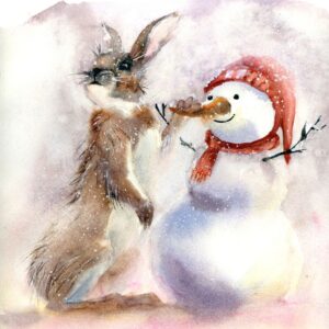 Christmas bunny and snowman watercolor print by Olga Tchefranov