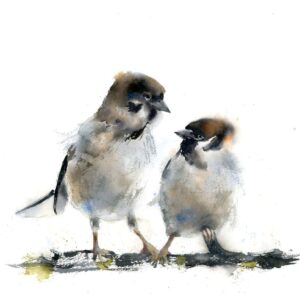 Original watercolor painting of two sparrows standing close together