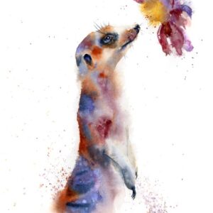Original watercolor painting of a meerkat sniffing a flower