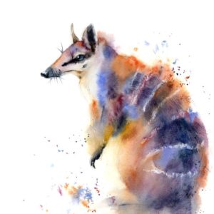 Original numbat watercolor painting in ochre, violet and blue tones