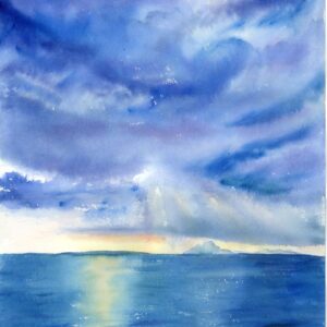 Sunset watercolor painting with storm clouds, glowing sunlight and reflections on the sea