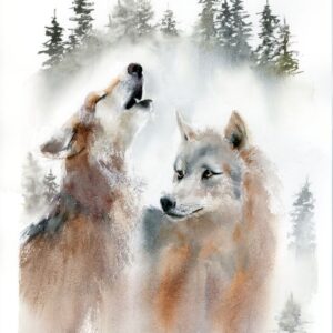 Original watercolor painting of two wolves communicating in a misty forest