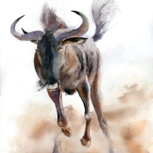 Wildebeest in motion surrounded by dust, original watercolor painting