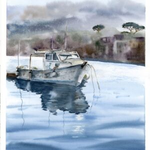 White fishing boat reflected in blue water beneath misty hills and trees, original watercolor painting