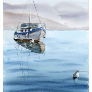 Original watercolor painting of a yacht on calm blue water with a buoy in the foreground