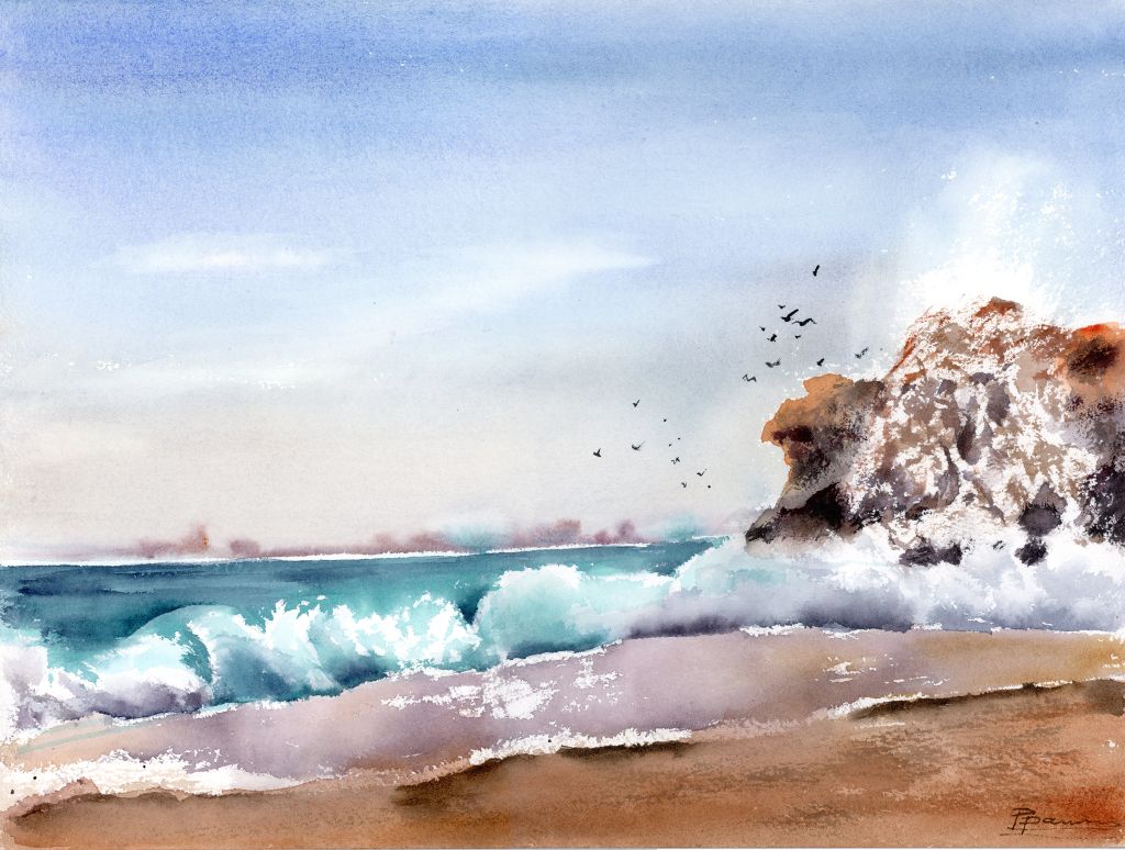 Original coastal landscape watercolor painting