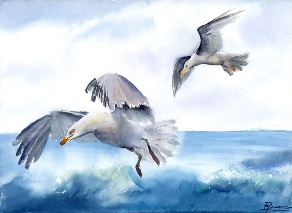 Seagulls gliding above the waves in an expressive original watercolor painting