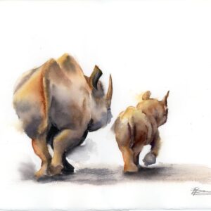 Gentle Giants A Walk Together original watercolor painting of a mother rhinoceros and calf by Olga Tchefranov