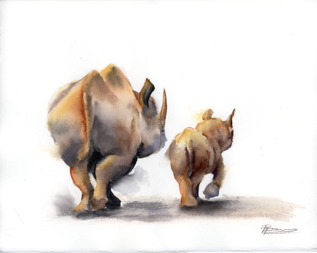 Gentle Giants A Walk Together original watercolor painting of a mother rhinoceros and calf by Olga Tchefranov
