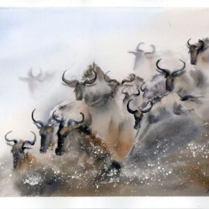 Wildebeest migration original watercolor painting by Olga Tchefranov