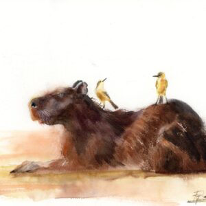 Capybara resting with two yellow birds on its back, original watercolor painting