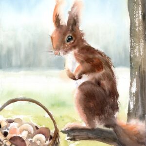 Original watercolor painting of a red squirrel on a tree branch beside a basket of mushrooms