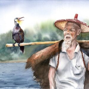 Original watercolor painting of a fisherman with his cormorant companion