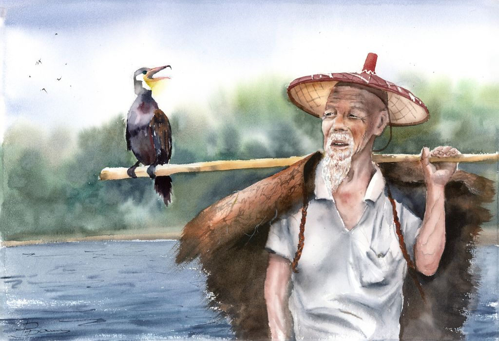 Original watercolor painting of a fisherman with his cormorant companion