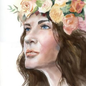 Original watercolor portrait of a woman with blue eyes wearing a crown of blooming roses