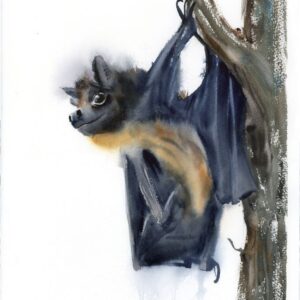 Original watercolor painting of a bat clinging to a tree trunk with its dark wings folded