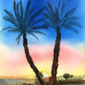 Two palm trees silhouetted against a golden and blue sunset sky over the beach, original watercolor painting
