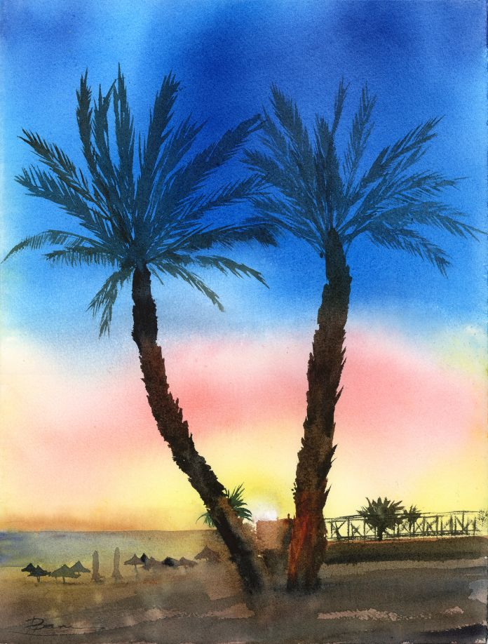 Two palm trees silhouetted against a golden and blue sunset sky over the beach, original watercolor painting