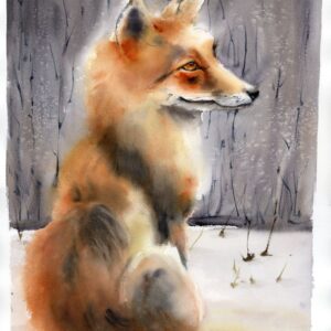 Original watercolor painting of a fox sitting alert in a quiet winter forest