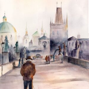Original watercolor painting of a man walking a small dog on Charles Bridge in Prague