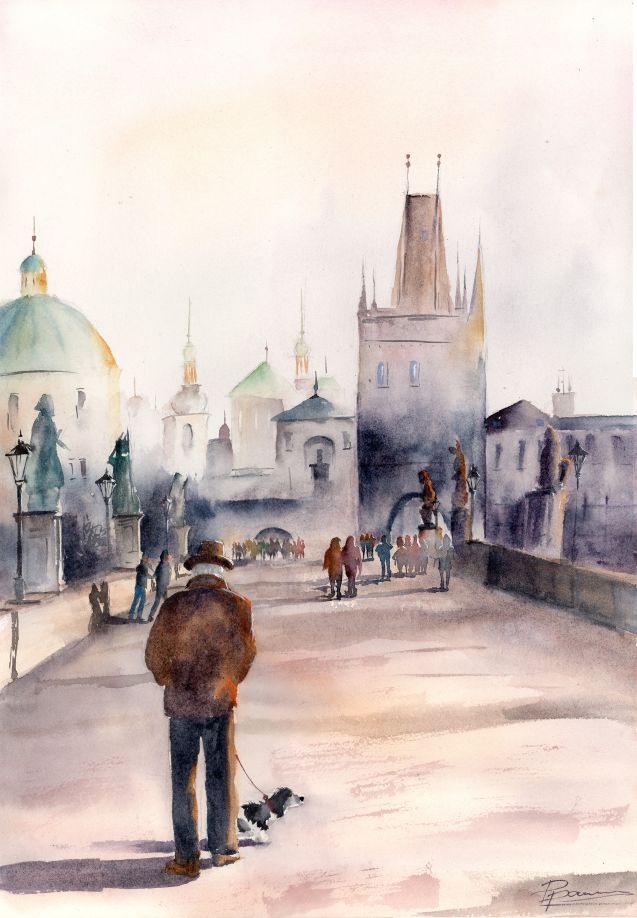 Original watercolor painting of a man walking a small dog on Charles Bridge in Prague