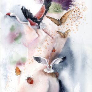 Original watercolor painting of a human body dissolving into nature, surrounded by birds, butterflies, and ladybugs