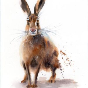 Original watercolor painting of a curious hare standing alert and facing the viewer