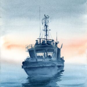 Original watercolor painting of a solitary tugboat in a misty harbor at dawn