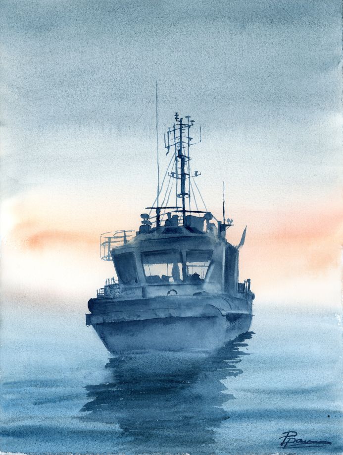 Original watercolor painting of a solitary tugboat in a misty harbor at dawn