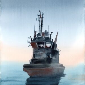 Original watercolor painting of a small tugboat in a misty harbor at dawn