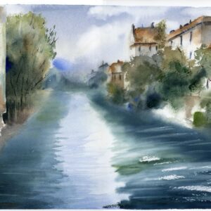 Where the River Meets the Village original watercolor painting by Olga Tchefranov