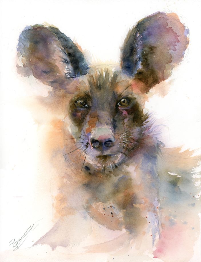 Original watercolor painting of a hyena portrait