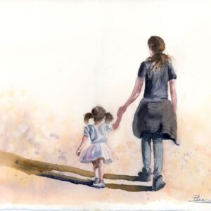 Original watercolor painting of a mother and daughter walking hand in hand
