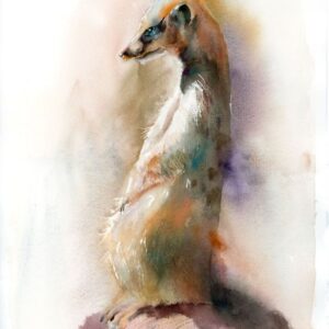 Original watercolor painting of a vigilant meerkat standing upright on a rock