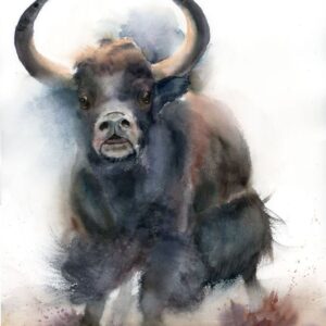 Original yak watercolor painting in slate blue and earthy brown tones