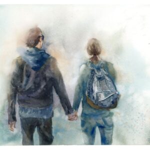 Original watercolor painting of two young people walking hand in hand