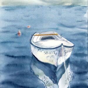White boat reflected in blue water, original watercolor painting