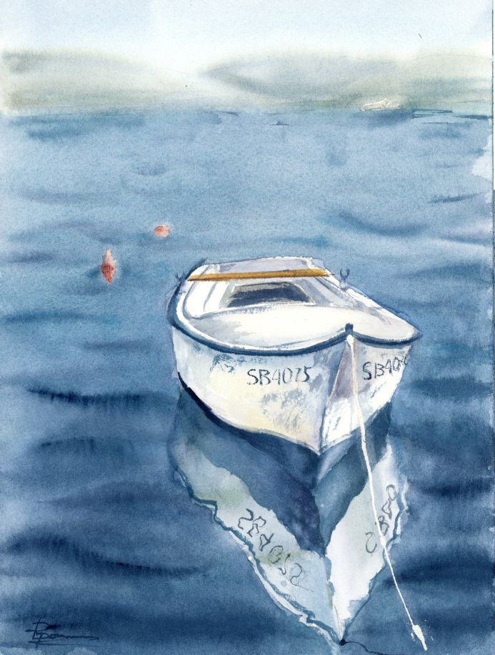 White boat reflected in blue water, original watercolor painting