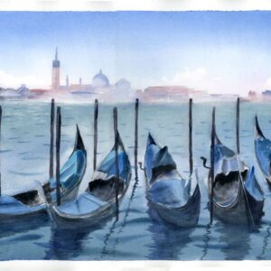 Dark blue gondolas on the Grand Canal in Venice, original watercolor painting