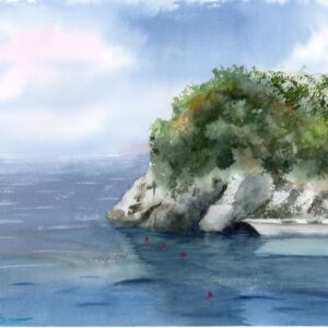 Sea landscape in Slovenia in the early morning, original watercolor painting