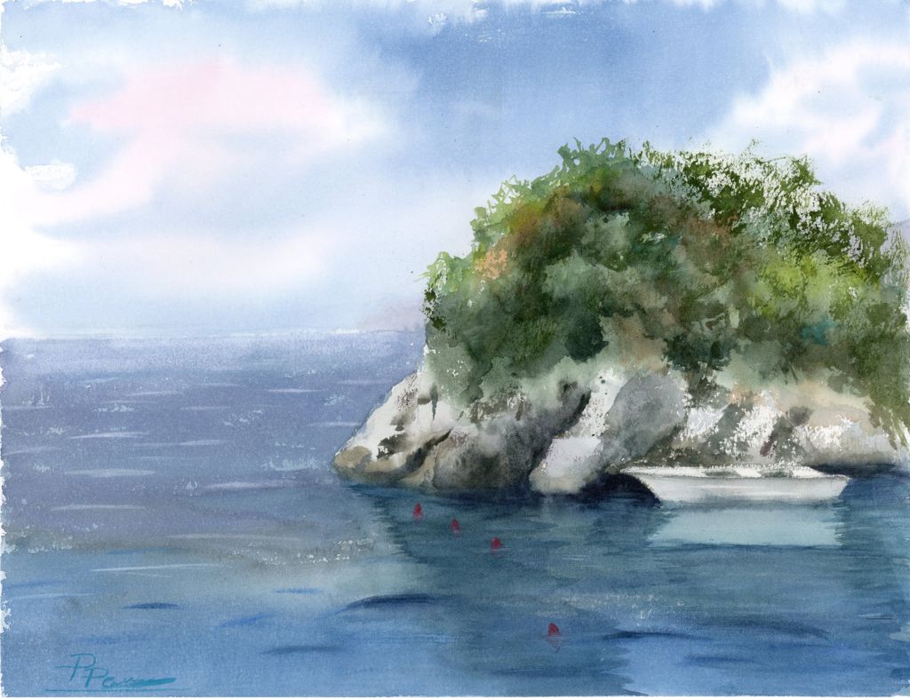 Sea landscape in Slovenia in the early morning, original watercolor painting
