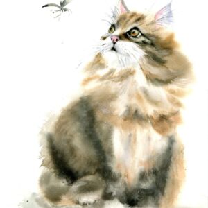 Fluffy Cat and Insect original watercolor painting by Olga Tchefranov