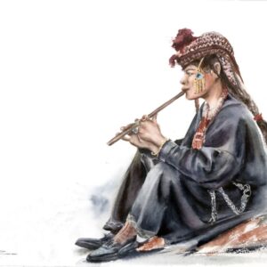 Original watercolor painting of a Dardic musician playing a traditional wooden flute