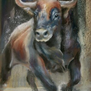Original pastel drawing of a charging bull