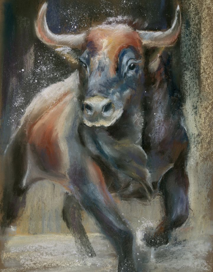 Original pastel drawing of a charging bull