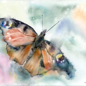 Original watercolor painting of a beautiful peacock butterfly against an abstract background