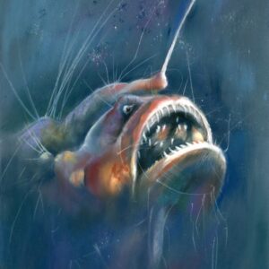 Anglerfish with sharp teeth and glowing lure, original pastel drawing