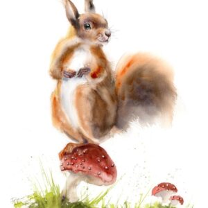 Squirrel on the Mushroom original watercolor painting by Olga Tchefranov