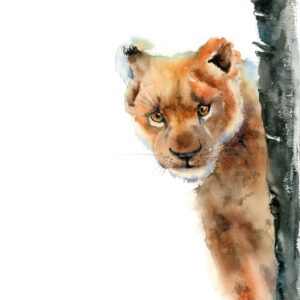 Original watercolor painting of a curious lion cub peeking out from behind a tree