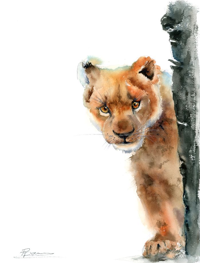 Original watercolor painting of a curious lion cub peeking out from behind a tree